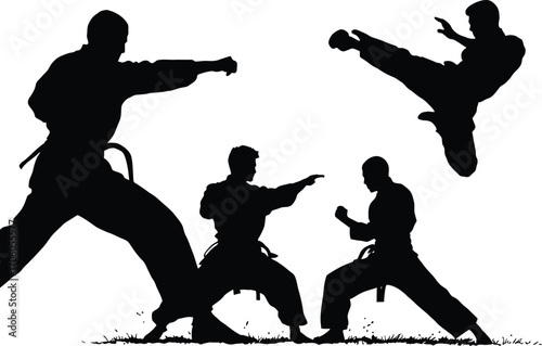Martial Arts Silhouette Vector in Black Featuring Four Dynamic Combat Poses for Fitness, Training, and Self-Defense Themes