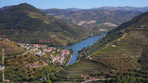 View of the Douro valley, the Douro River, vineyards and the Railway bridge over the Pinhao River, Pinhao, Portugal