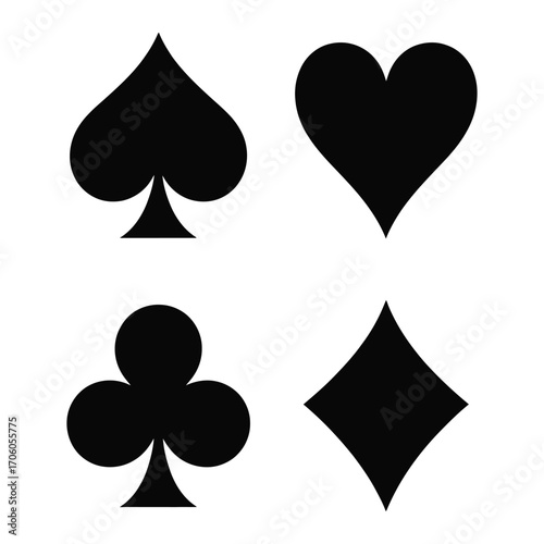 Playing cards silhouettes set spade heart club diamond icons minimalist vector isolated black and white