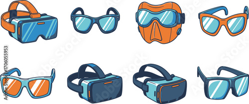 Collection of Colorful Eyewear, Goggles and VR Headsets Isolated on White Background