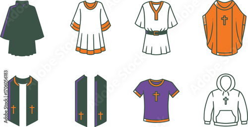 Collection of Garments with Cross, Includes Robe, Choir Dress, Clerical Stole, Tshirt