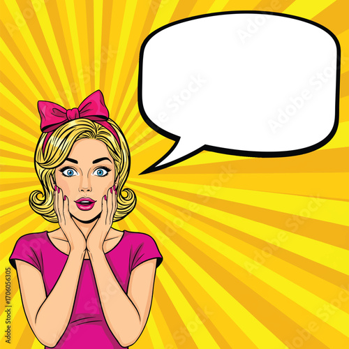 Pop art illustration of a surprised blonde woman with a pink bow her hands on her cheeks in shock.