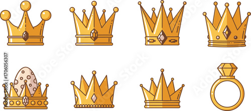 Collection of Golden Crown Jewel and Ring on white background