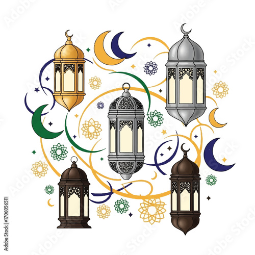 Illustration of colorful lanterns and crescent moons with floral patterns on a white background, conveying a festive and celebratory mood.
