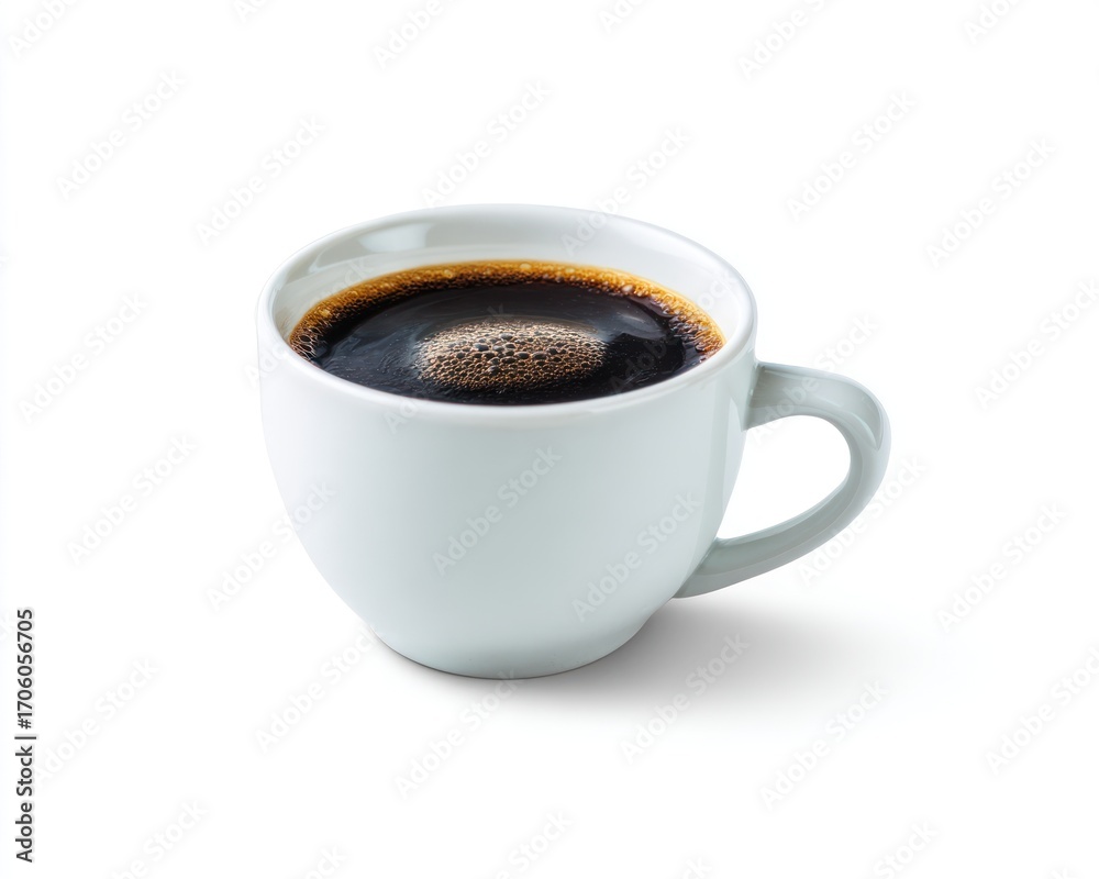 Fototapeta premium A white ceramic mug filled with dark, steaming coffee rests on a clean white surface, casting a soft shadow
