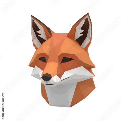 Geometric low poly illustration of a red fox head, modern digital art of a wild animal in a minimalist polygonal style isolated on a white background