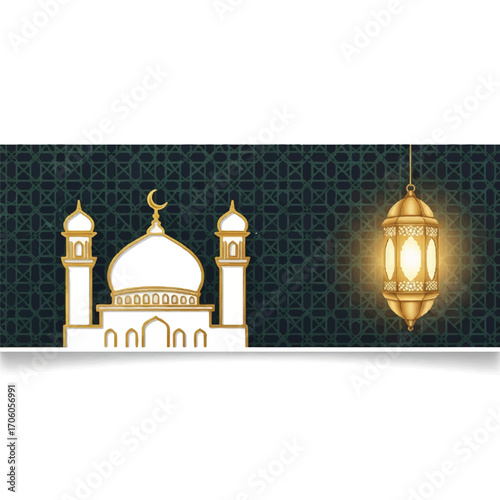 Digital illustration of a mosque with a glowing lantern on a dark green background with geometric patterns.