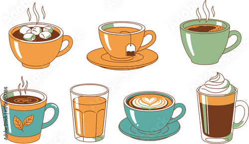 Colorful Assorted Tea and Coffee Cups, Mugs, and Drink Glasses Transparent BG