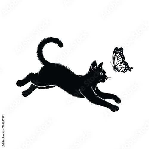 Playful Feline Silhouette Illustration Chasing Butterfly in Black and White Vector Design