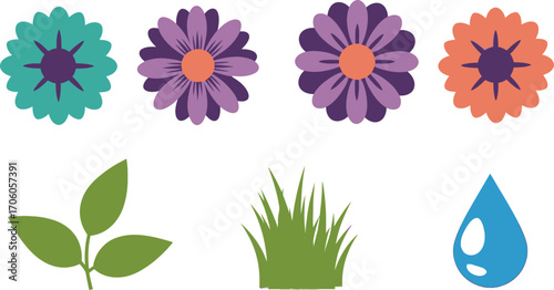 Colorful Flat Flowers with Green Leaves, Grass, and Blue Waterdrop on White