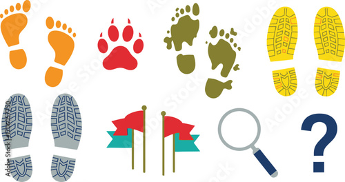 Colorful Footprints Paw Prints Shoe Prints Magnifier Flags and Question Mark Set