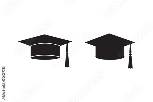 Graduation hat cap flat and outline icons set. Academic degree pictogram vectors. Graduation student black cap, diploma sign. University graduation ceremony symbols isolated on white background.