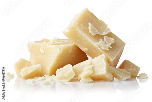 Chunks of light yellow cheese are piled up, with smaller broken pieces around the larger blocks. Soft lighting creates subtle shadows on a white surface