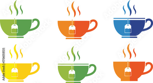 Colorful Teacup Assortment with Steaming Tea Bags Green, Orange, Blue and Yellow Tones