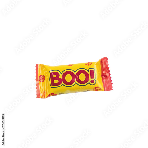 Transparent background candy wrapper with bold BOO text in yellow and red, isolated snack packaging, playful and fun design