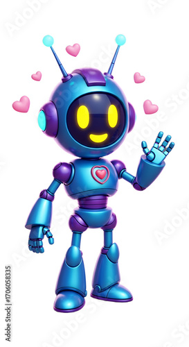 Cute Robot Character with Hearts Waving Hello Friendly and Optimistic Illustration