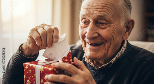 Elderly man happily opening a Christmas gift at home
