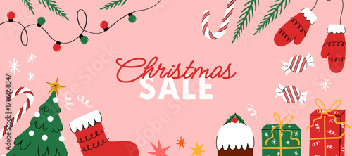 Merry Christmas decoration border with christmas tree, garland, gifts, decorations on pink background. Christmas sale banner, design holiday frame. Hand drawn trendy vector illustration