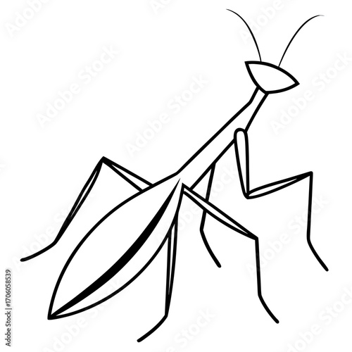 A minimalist black and white line art drawing of a praying mantis insect in silhouette