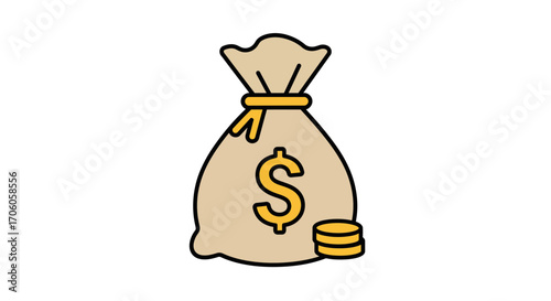 Money bag and coins, cute finance concept for savings, investment, or business success, wealth