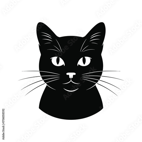 Elegant Black Cat Silhouette Illustration of a Feline Head with Whiskers and Glowing Eyes