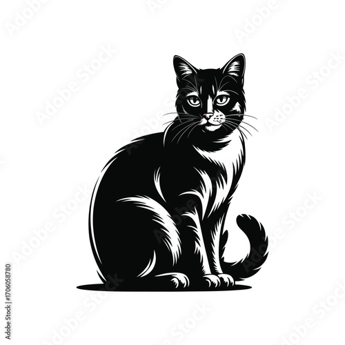 Contemplative Cat Silhouette Illustration of a Feline Sitting and Staring in Black White