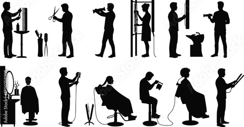 Hair salon silhouettes of hairstylists cutting, drying, styling hair, hairdressing tools, clients sitting, barber chair, professional hair care vector