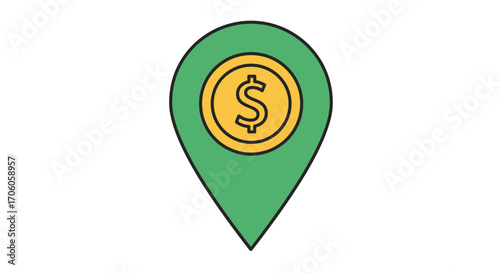 Find local deals now with this vibrant map pin icon indicating money location, savings nearby