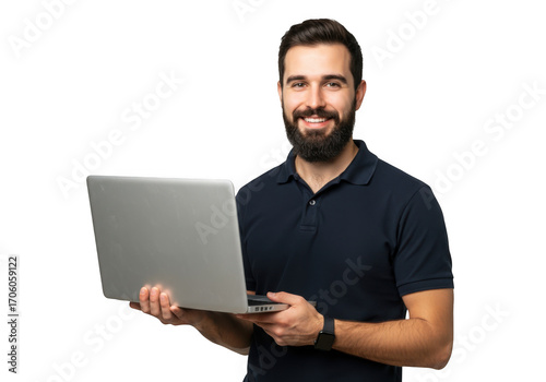 Smiling man holding a laptop isolated on transparent background