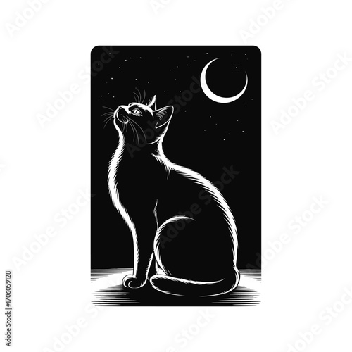 Black Cat Silhouette Illustration Gazing at the Moon Under a Starry Night Sky
