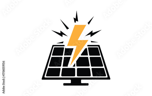 Solar panel generating clean energy with bright lightning bolt symbol