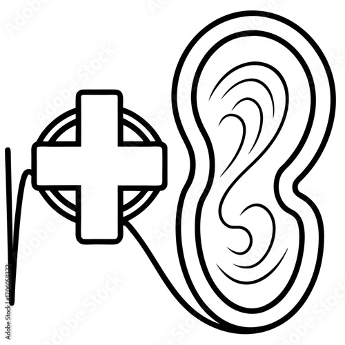 Hearing aid design illustration showing connectivity to medical assistance through technology line art