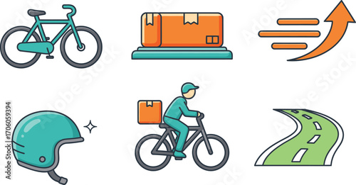 Delivery Service Icons Set Bike, Package, Arrow, Helmet, Road, Courier on Bicycle