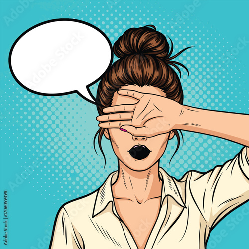 Pop art illustration of a woman with a messy bun covering her eyes with her hand with a blank speech bubble.
