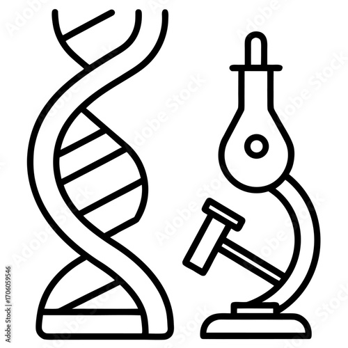 DNA structure and microscope outline icon for scientific research and medical study depicting genetic information and laboratory equipment