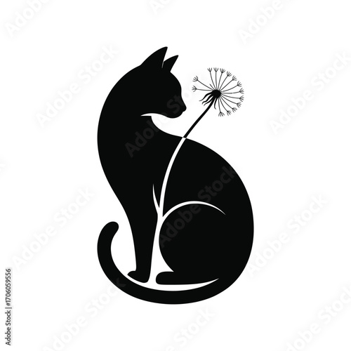 Serene Black Cat Silhouette Illustration with Dandelion Seed Head in a Peaceful Scene