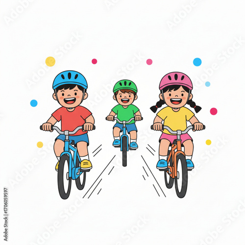 Three happy kids are riding their bicycles together, smiling and having fun.