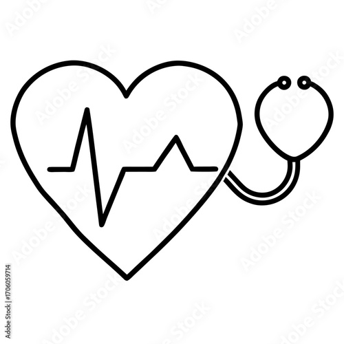 Heartbeat symbol with stethoscope icon conveying cardiovascular health wellness and medical treatment outline design vector