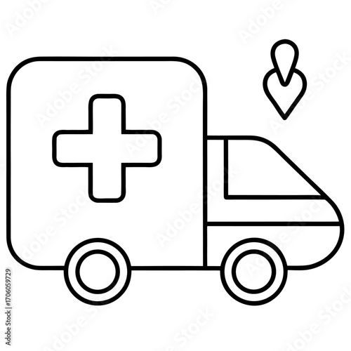 Line art of an ambulance with a cross symbol and location pin icon above it illustration