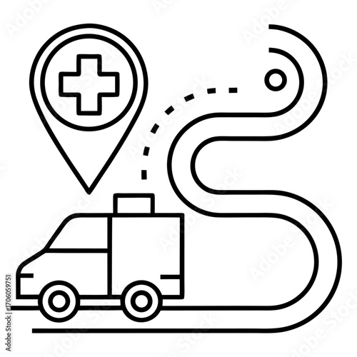 Emergency ambulance navigation system leading to hospital concept in line drawing style design template