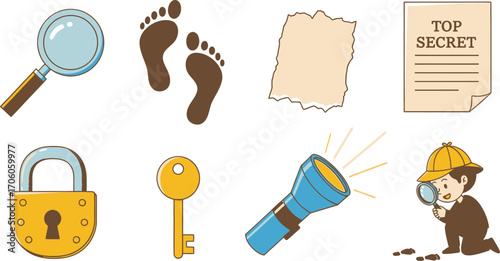 Detective Kid and Footprints Clues Investigation Elements on White Background
