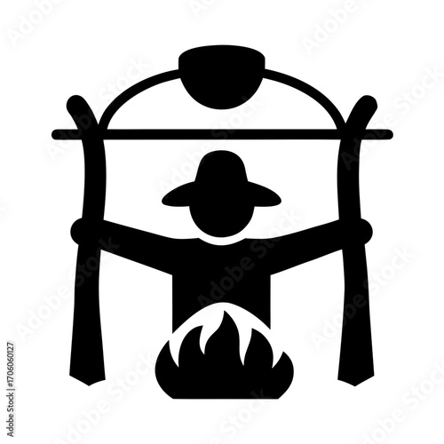Person cooking over campfire with pot silhouette