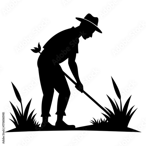 Farmer working in field silhouette against white background