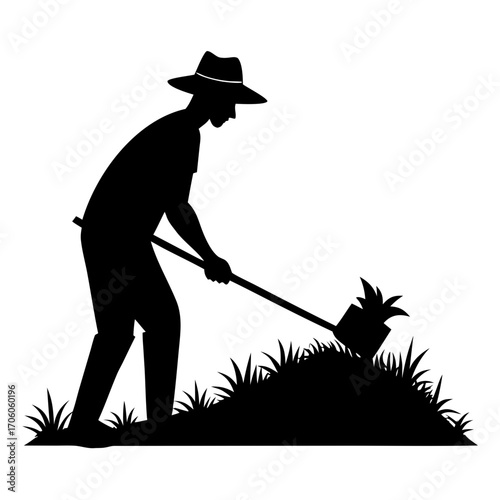 Farmer working in field silhouette with hat and hoe