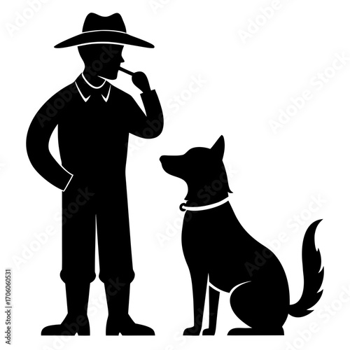 Man in hat and dog silhouette companion silhouette