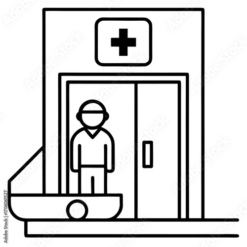 Healthcare facility entrance with patient arriving in ambulance minimal line art icon design vector illustration