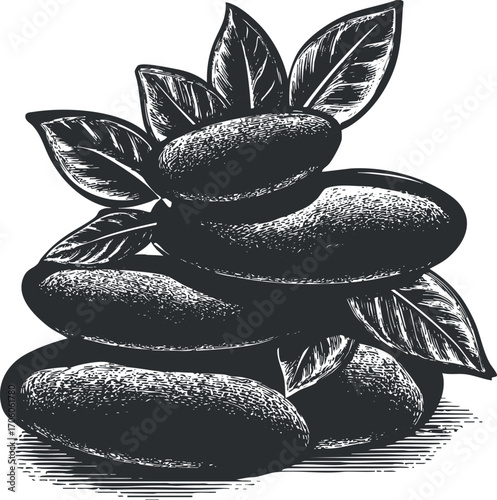 Illustration of stacked stones with leaves representing balance and tranquility in nature.