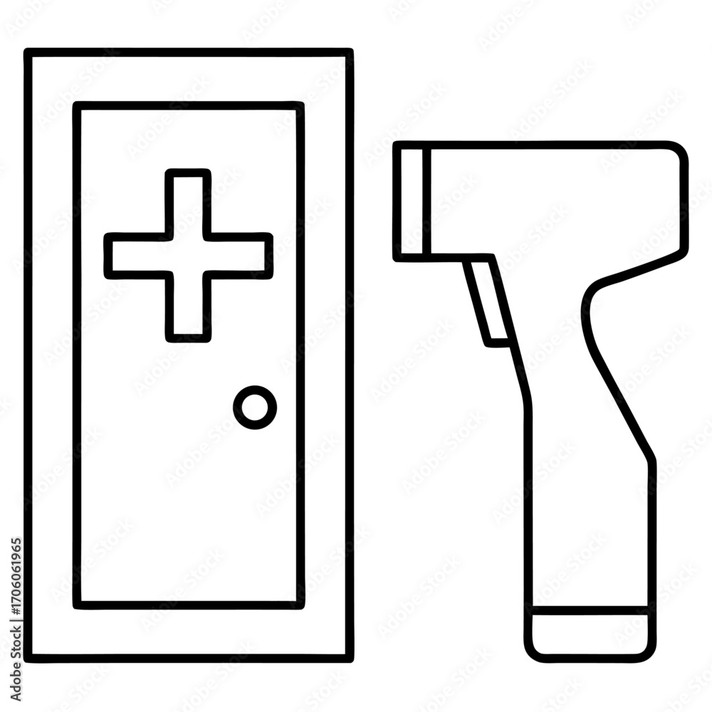 Obraz premium Medical clinic door icon and infrared thermometer outline healthcare facility safety and hygiene concept