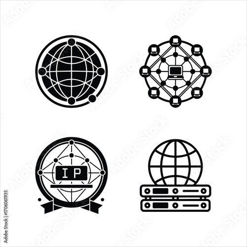 WAN, LAN, IP Address, and DNS Network Icons Set in Black Vector Style