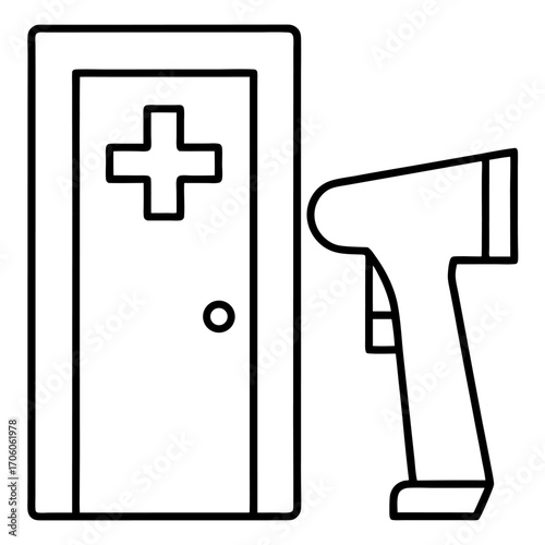 Infrared Thermometer and Clinic Room Door Showing a Medical Setting in Healthcare Icon Design